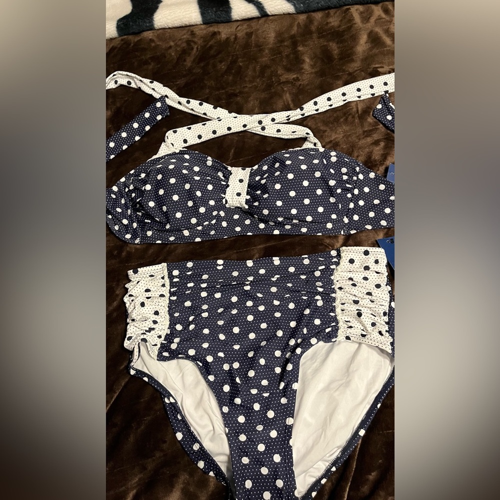 Crown & Ivy NWT bikini, blue, and white polkadot